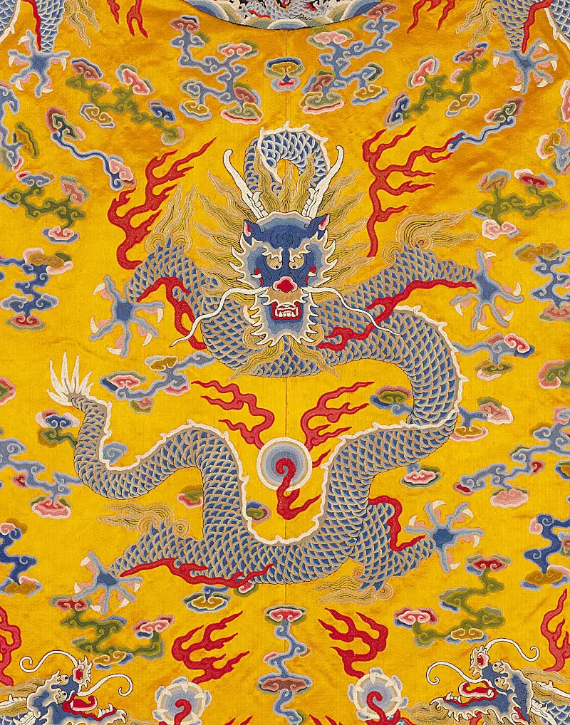 Silk Embroidered with Nine 5-Clawed Dragons in Gold
